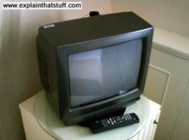 A small cathode ray tube (CRT) TV set in a hotel room.